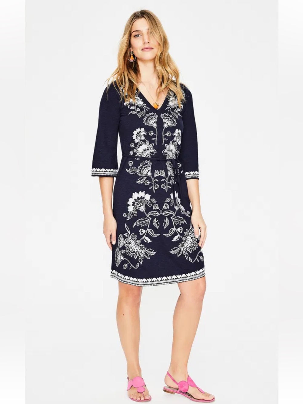 Boden Navy and White Embroidered Clemmie Jersey Dress